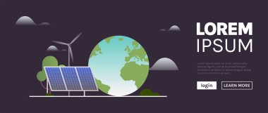 Sustainability and esg, green, energy, sustainable industry with windmills and solar energy panels, environmental, social, corporate governance concept flat vector illustration.