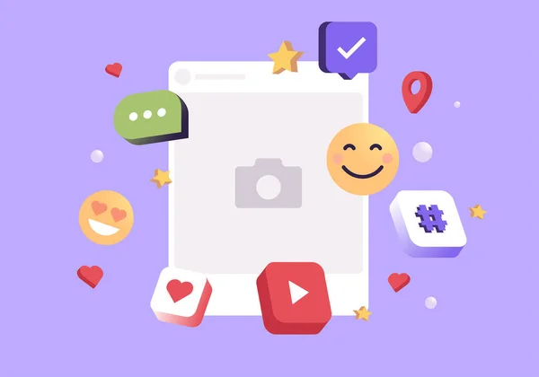 Mor arkaplan ve modern 3D konsept düz vektör illüstrasyonu üzerinde yüzen elemanlarla çevrili sosyal medya ağı iletisi.