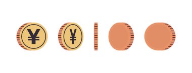 Uluslararası para birimi sikkeleri ve altın sikkeler farklı rotasyon kavramlarında tam uzunlukta düz vektör illüstrasyonunda.