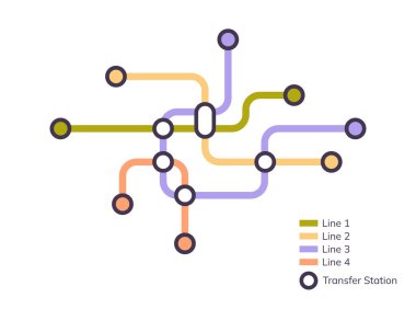 Metro istasyonlarının şeması, renkli hatları olan metro planı, yeraltı yeraltı haritası, toplu yolcu taşımacılığı güzergahlarının planı, metro rayları düz vektör çizimi..
