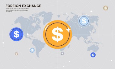 Finansal teknoloji ve finans teknolojisi, çevrimiçi bankacılık, döviz kuru, küresel lobutlar konsepti düz vektör illüstrasyonunda dolar ilerlemesi.