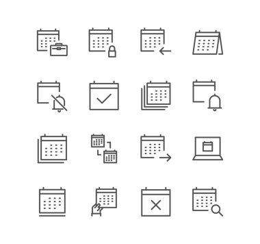 Takvim ve randevu simgeleri kümesi, tarih, çalışma, zamanlama, tarih ayarları, toplantı ve doğrusal çeşitlilik vektörleri.