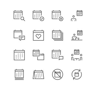 Takvim ve randevu simgeleri kümesi, tarih, çalışma, zamanlama, tarih ayarları, toplantı ve doğrusal çeşitlilik vektörleri.