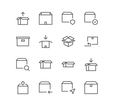 Kutu ve teslimat simgeleri, kargo, kutu, ulaşım, sipariş, karton, alma, post ve doğrusal çeşitlilik vektörleri.