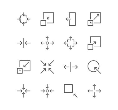 Ok ve teknoloji simgeleri kümesi, boyut, ölçek, azalma, düzenleme, yeniden boyutlandırma, çizgi, görünüm, azalma ve doğrusal çeşitlilik vektörleri.