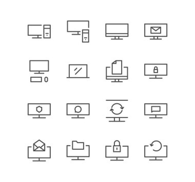 Monitör ve teknoloji simgeleri, ekran, iş dünyası, laptop, bilgisayar, posta, tazeleme, dizin ve doğrusal çeşitlilik vektörleri.