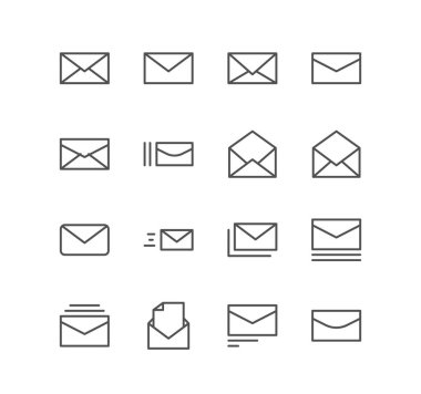 İş ve teknoloji simgeleri, zarf, posta, mektup, gönderme, gönderme, haber ve doğrusal çeşitlilik vektörleri.