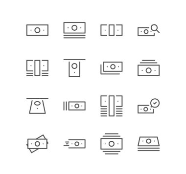 Para ve finans simgeleri kümesi, maaş, kağıt para, nakit, büyüme, çek, pazar, değer, kazanç ve doğrusal çeşitlilik vektörleri.