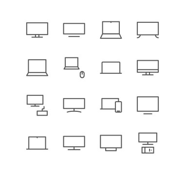 Monitör ve bilgisayar simgeleri, aygıt, ekran, dizüstü bilgisayar, telefon, pc ve doğrusal çeşitlilik vektörleri kümesi.