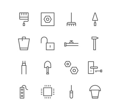 Yapı ve onarım simgeleri, temizlik, klozet, silindir, çekiç, kova ve doğrusal çeşitlilik vektörleri.