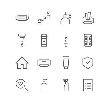 Koronavirüs ve sağlık simgeleri, koruma, maske, hijyen, sabun, karantina, sprey ve doğrusal çeşitlilik vektörleri.