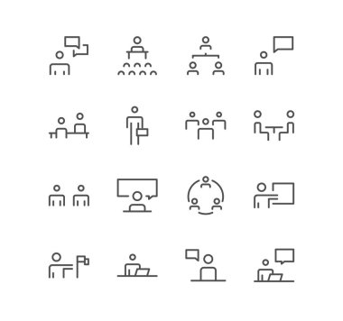 İş ve iletişim simgeleri kümesi, destek, konuşma, çalışma, konuşma ve doğrusal çeşitlilik vektörleri.
