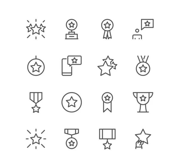 Yıldız ve ilgili ikonlar, ödül, derecelendirme, madalya, kurdele rozeti, kupa, parlayan yıldız ve doğrusal çeşitlilik vektörleri.