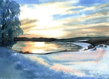 Güzel kış zamanı suluboya manzara ile donmuş göl, gün batımı, ağaçlar