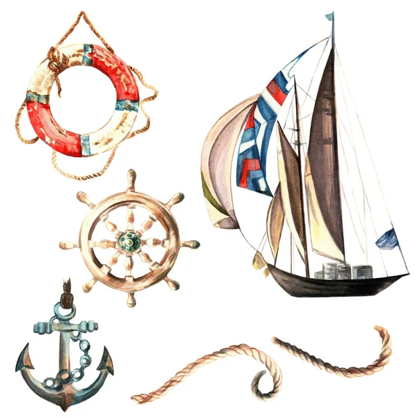 Σύνολο ναυτικών αντικειμένων που απομονώνονται σε λευκό φόντο. Σκάφος, άγκυρα, τροχός, σωσίβιο και σχοινί. Υδατογραφία ζωγραφισμένη στο χέρι — Φωτογραφία Αρχείου
