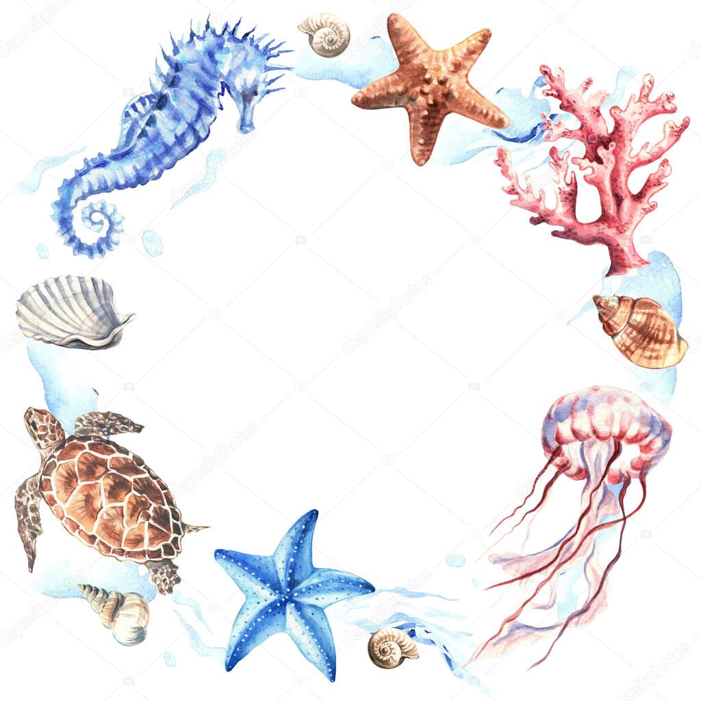 Round frame of marine animals and shells. Wreath of underwater objects isolated on white. Hand drawn watercolour. Clip art. For posters, T-shirts, textile and ceramic souvenirs, postcards, stickers