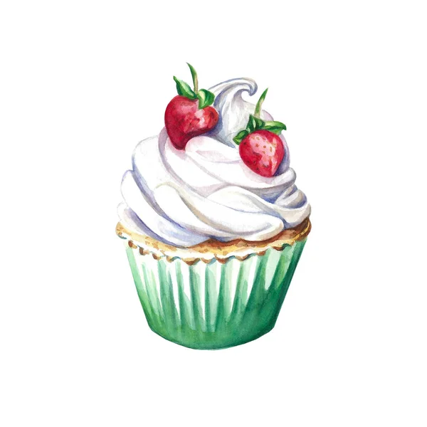 Cupcake aux fraises avec crème isolée sur du blanc.Aquarelle dessinée à la main. Clip art. Délicieux dessert illustration — Photo