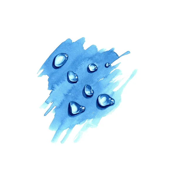 Bouches d'eau réalistes et éclaboussures sur une surface abstraite bleue isolée sur du blanc. Aquarelle peinte à la main. Peut être utilisé comme élément de conception — Photo