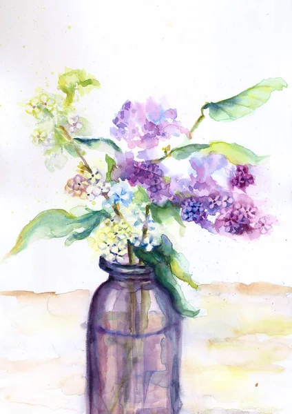 Bouquet Lilac Flowers Transparent Vase Hand Drawn Watercolor Illustration Design — Stock Photo, Image