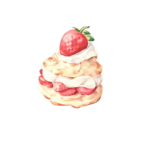 Strawberry shortcake with cream hand painted watercolor on white background. Clipart. Delicious dessert illustration for bakery logo, menu, birthday decoration, strawberry festival design, textile