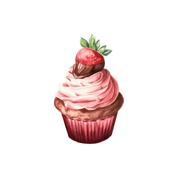 Erdbeer Cupcake Mit Schokolade Isoliert Auf Weiß Handgemaltes Aquarell Leckeres — Stockfoto