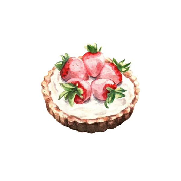 Strawberry tart with cream hand painted watercolor on white background. Delicious food illustration. Clipart. For wallpaper, fabric design, textile design, cover, wrapping paper, banner, card