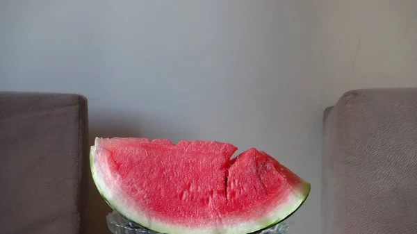 Fresh Ripe Watermelon White Plate Dark Background Top View — Stock Photo, Image