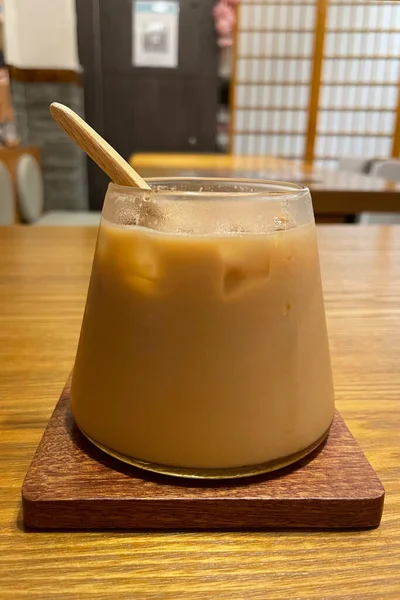 Iced Latte Coffee Glass Cup Put Wood Saucer — Stock Photo, Image