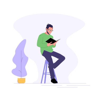 Evde Kitap okuyan bir adamın tasviri. Vektör Düz Çizim Biçimi