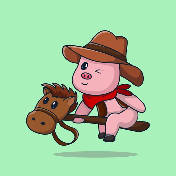 Cute Pig Cowboy Playing Wooden Horse Cowboy Vector Collection — Stock Vector