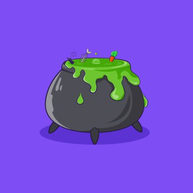 Premium vektör illüstrasyonu, yeşil otlu cadı kazanı ve çeşitli yiyecekler.