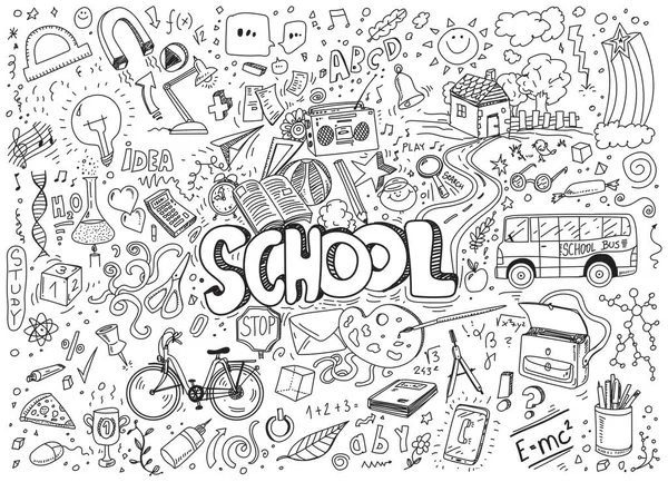 School Doodles Hand Drawn Vector Illustration White Background — Vetor de Stock