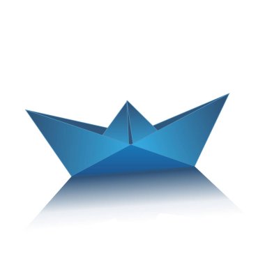 Beyaz arka planda şeffaf gölgesi olan mavi origami kağıt gemi. 3 boyutlu gerçekçi vektör çizimi. Vektör illüstrasyonu