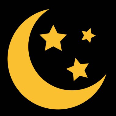 Siyah arka planda üç sarı yıldızlı düz ay simgesi. Vektör 