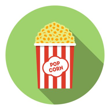 Patlamış mısır kutusu düz stil simgesi mavi arkaplanda izole edildi. Vektör illüstrasyonu.