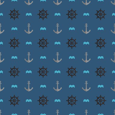 Denizcilik tarzında, çapa, dümen ve dalgalarla vektörsüz desen