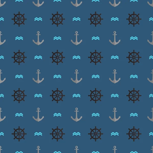 Vector Seamless Pattern Nautical Style Items Anchor Rudder Waves — Stock Vector