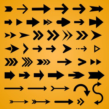 Oklar büyük siyah set simgeleri. Ok simgesi. Ok vektör koleksiyonu. Ok at. İmleç. Modern basit oklar. Vektör illüstrasyonu