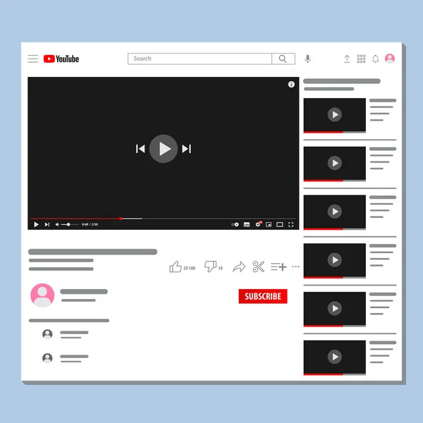 Bir video izleyici web sayfasının vektör illüstrasyonu. En son video kanallarının, şablonların ve web videolarından kullanıcı arayüzünün tanıtımı için uygun. Video tarayıcı kanalları için web sayfası şablonu.