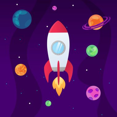 Uzay roketi uzayda ay ve yıldızlarla birlikte arka plan yazdırma vektörü çiziminde uçuyor