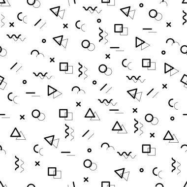 Siyah beyaz Geometrik Vektör deseni. Bir üçgen, bir çizgi, bir daire oluşturun. Memphis tarzı hippi modası.