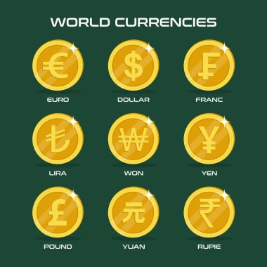 Dünya para birimlerinin vektör simgeleri: dolar, avro, yen, yuan, pound, Hint rupisi, Türk lirası, İsviçre frankı, madeni para ve gölgede altı çizili renkli bir arkaplanda kazandı