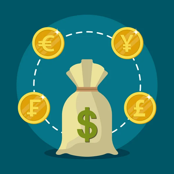 Mavi arka planda para çantası ve avro ile noktalı çizgi, web tasarımı ve finans için dolar sikkeleri.