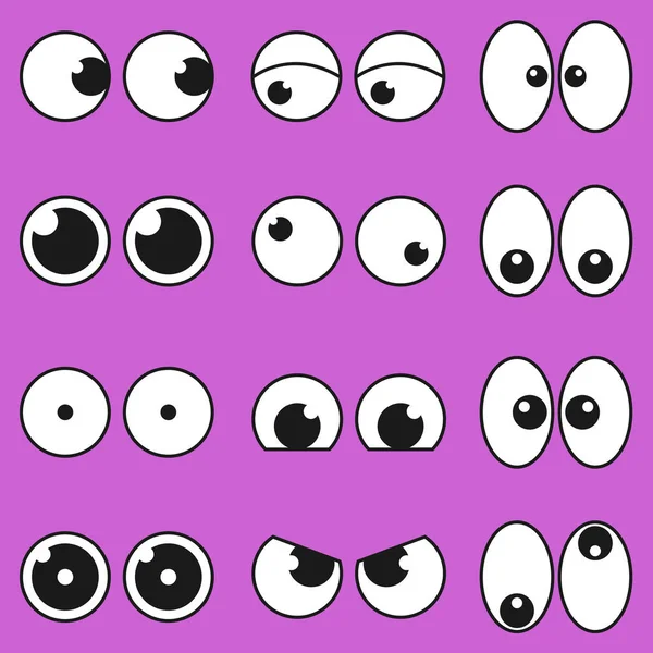 Mor arka planda izole edilmiş çizgi film gözleri, farklı yüz ifadeleri olan komik gözler. Öfke, üzüntü, şaşkınlık ve mutluluk ifadelerinin çeşitliliği.