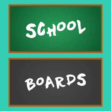 Chalkboard set, realistic black and green chalkboard in a wooden frame on a turquoise background, for school or menu design