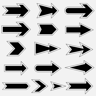 Siyah renkte dizayn için beyaz arkaplanda bir vuruşla ok vektörü kümesi.