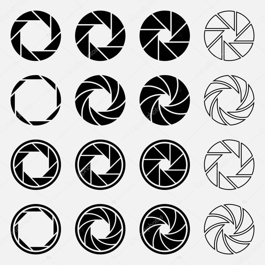 Set of isolated symbols of camera lens apertures, photo lens aperture, camera shutter silhouette icon and shutter aperture pictogram, lomography film lenses or snap optics lenses.