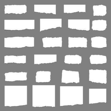 White note, notebook paper strips with torn edges stuck on dark brown background, vector illustration.