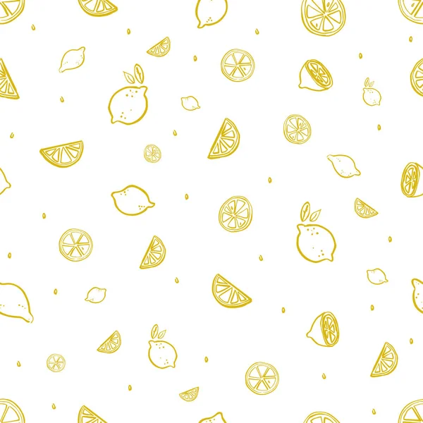 Seamless vector pattern of yellow, hand drawn lemons on white background, organic or natural product packaging design.