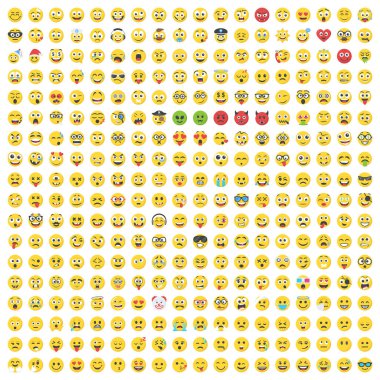 Huge set of vector emoticons, various emoji faces flat icons, big set for web design, cartoon yellow emotions circle icons, smiling, laughing and crying.